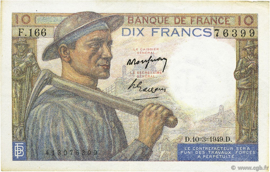 10 Francs MINEUR FRANCE  1949 F.08.20 XF
