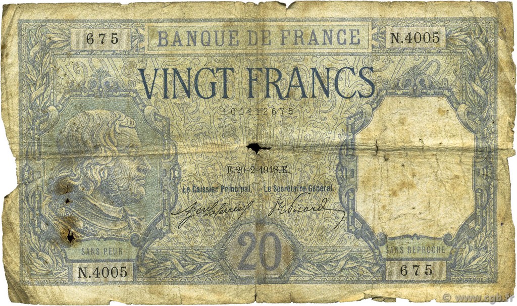 20 Francs BAYARD FRANCE  1918 F.11.03 pr.B