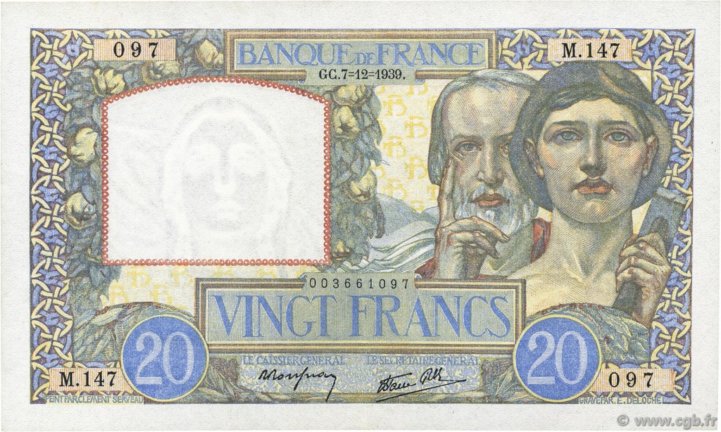 20 Francs TRAVAIL ET SCIENCE FRANCE  1939 F.12.01 SUP