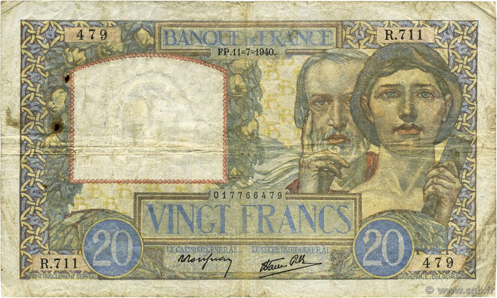 20 Francs TRAVAIL ET SCIENCE FRANCE  1940 F.12.04 B+