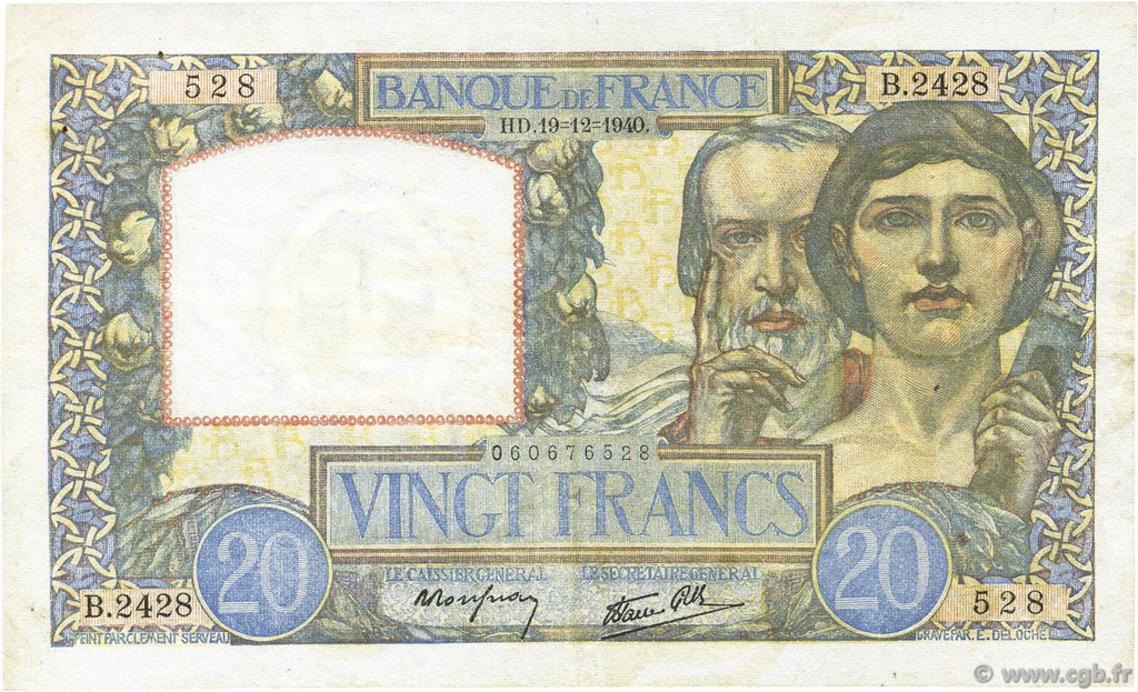 20 Francs TRAVAIL ET SCIENCE FRANCIA  1940 F.12.11 MBC+
