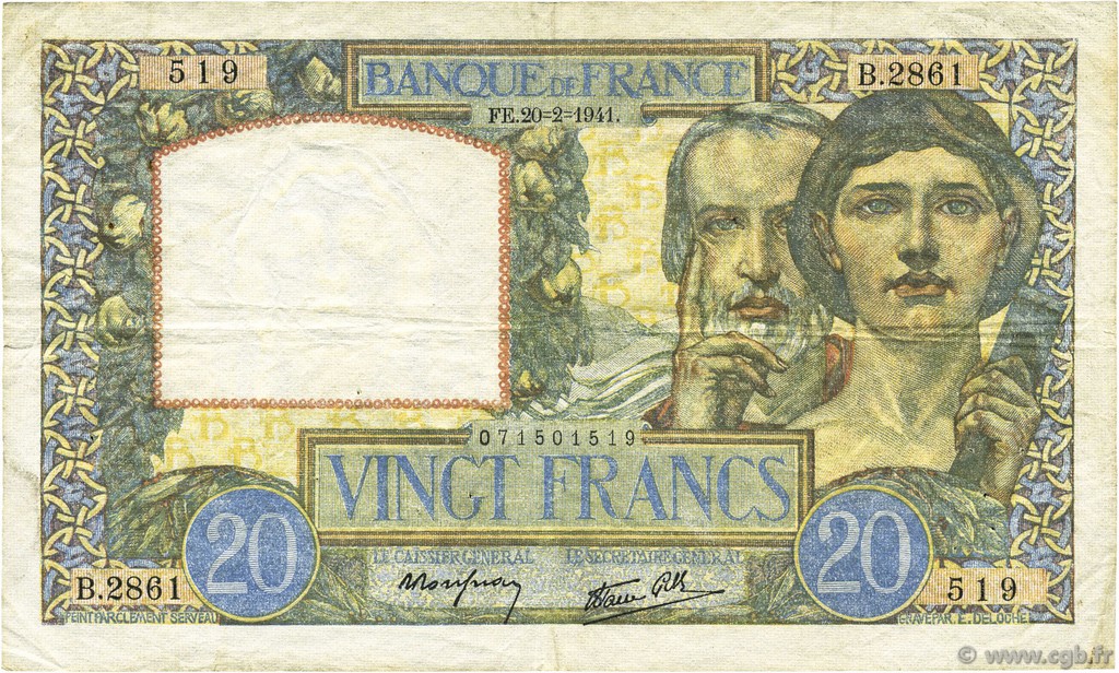 20 Francs TRAVAIL ET SCIENCE FRANCE  1941 F.12.12 TTB