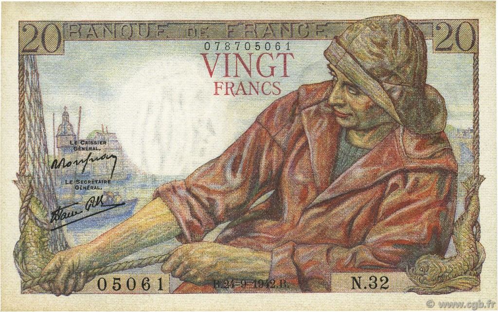 20 Francs PÊCHEUR FRANCE  1942 F.13.03 pr.NEUF