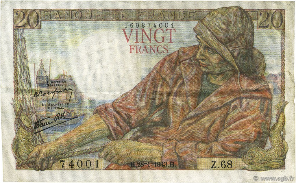 20 Francs PÊCHEUR FRANCE  1943 F.13.05 TTB+