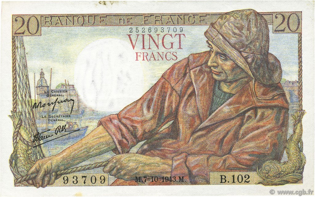20 Francs PÊCHEUR FRANCE  1943 F.13.07 pr.SUP