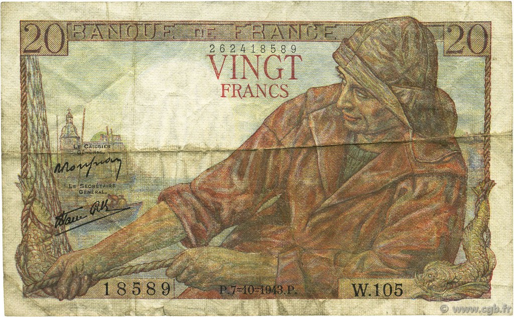 20 Francs PÊCHEUR FRANCE  1943 F.13.07 TB+