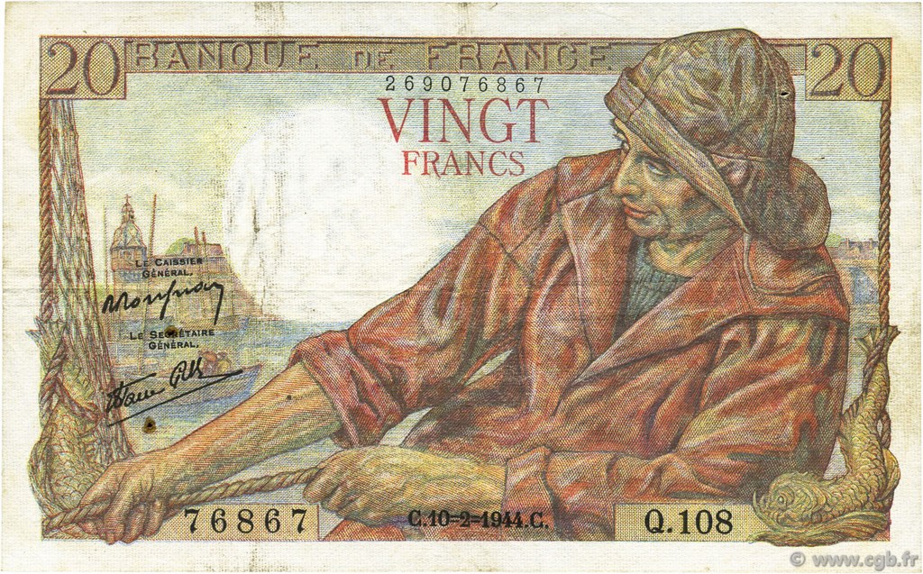 20 Francs PÊCHEUR FRANCE  1944 F.13.08 TTB