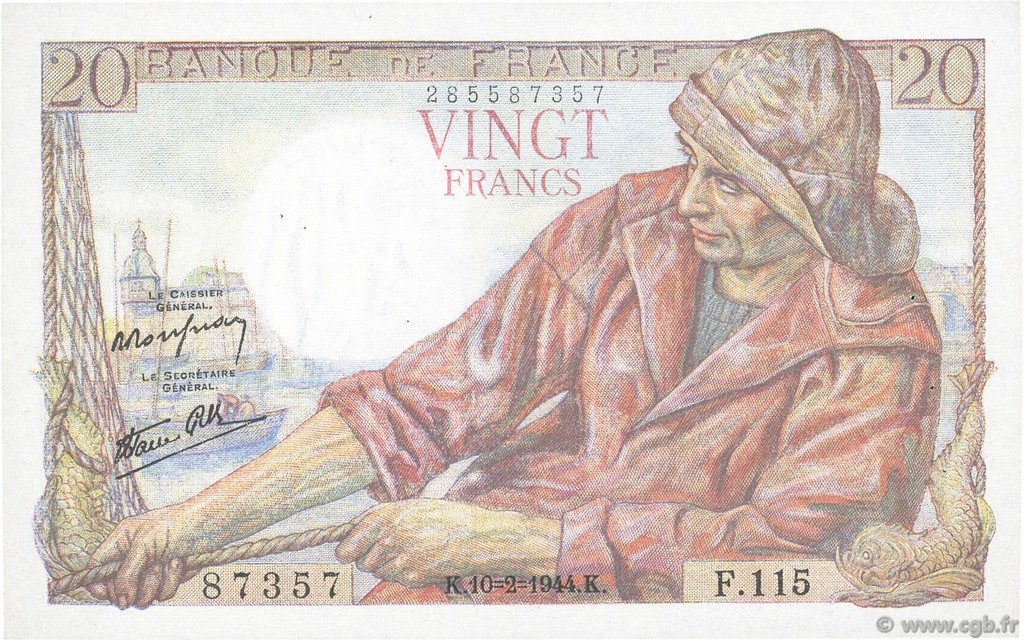 20 Francs PÊCHEUR FRANCE  1944 F.13.08 TTB