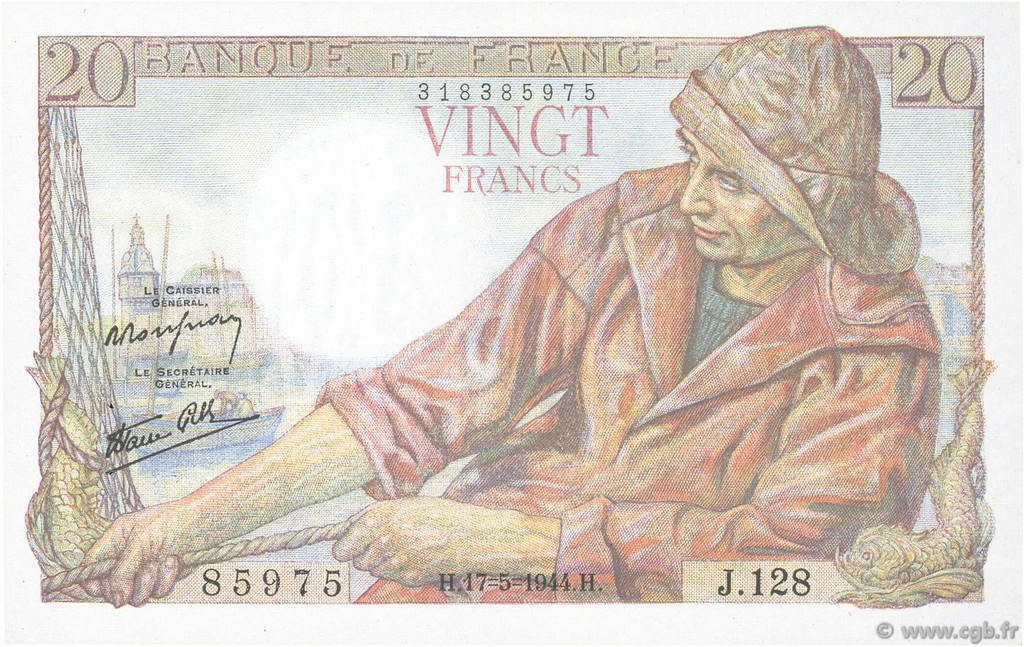 20 Francs PÊCHEUR FRANCE  1944 F.13.09 AU-