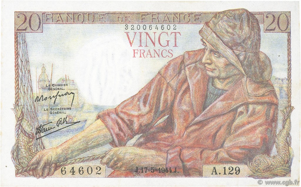 20 Francs PÊCHEUR FRANCE  1944 F.13.09 SUP