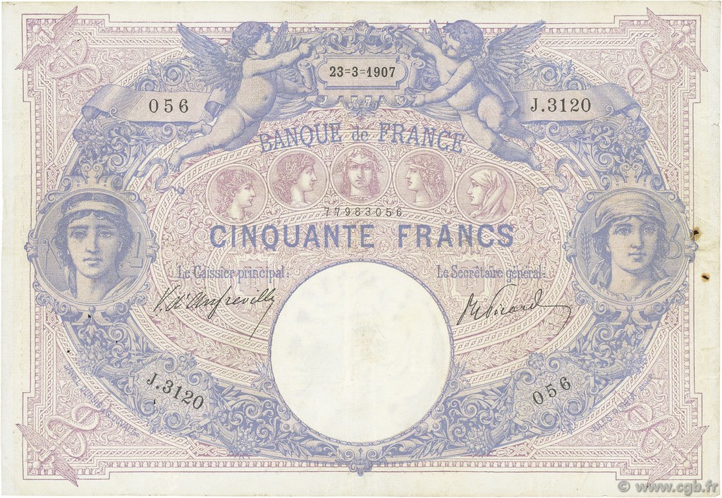 50 Francs BLEU ET ROSE FRANCE  1907 F.14.19 pr.TTB