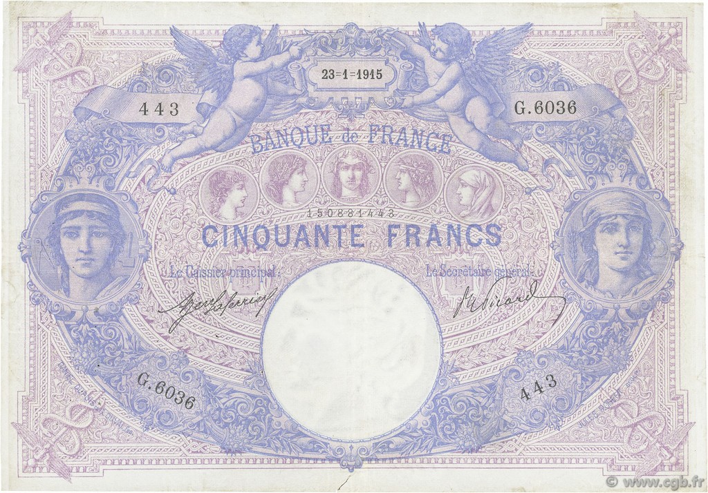 50 Francs BLEU ET ROSE FRANCE  1915 F.14.28 pr.TTB