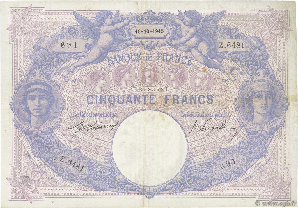 50 Francs BLEU ET ROSE FRANCE  1915 F.14.28 TTB