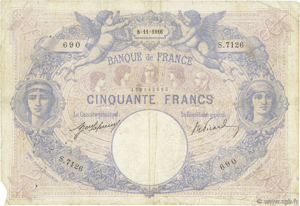 50 Francs BLEU ET ROSE FRANCE  1916 F.14.29 B