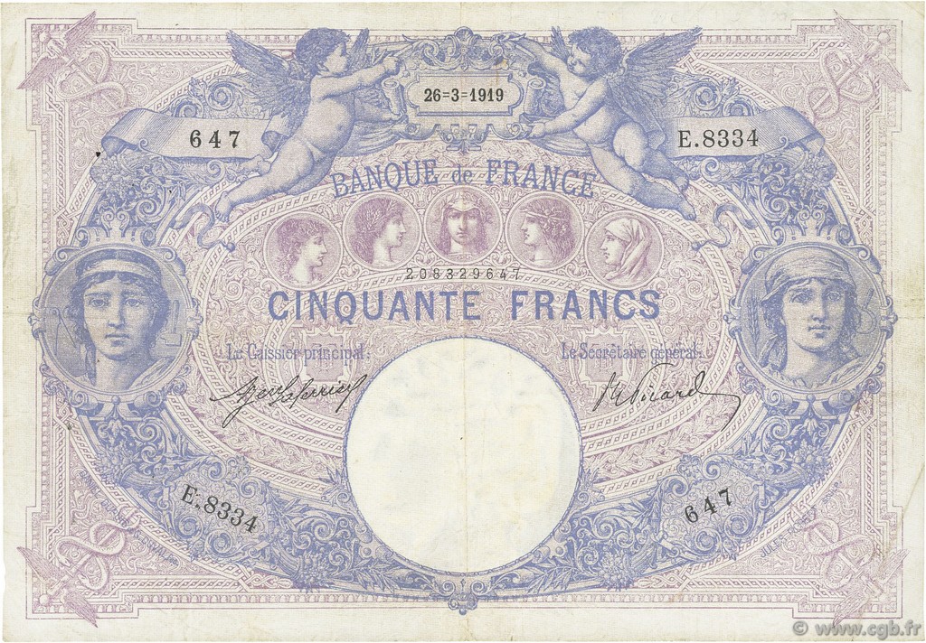 50 Francs BLEU ET ROSE FRANCE  1919 F.14.32 TB+