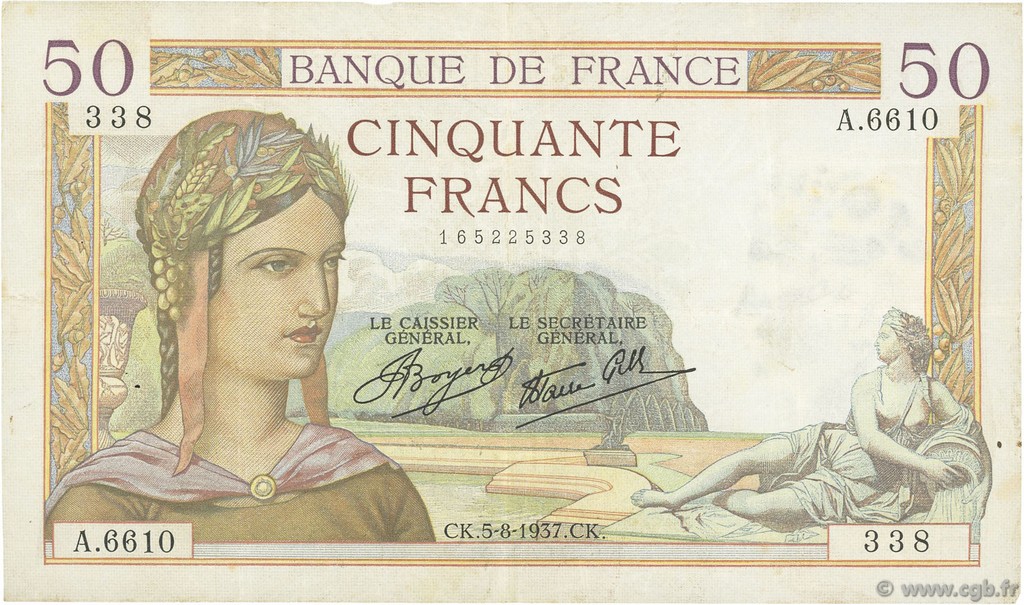 50 Francs CÉRÈS modifié FRANCE  1937 F.18.01 TTB