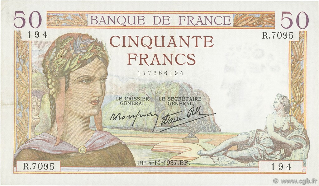 50 Francs CÉRÈS modifié FRANCE  1937 F.18.04 SUP