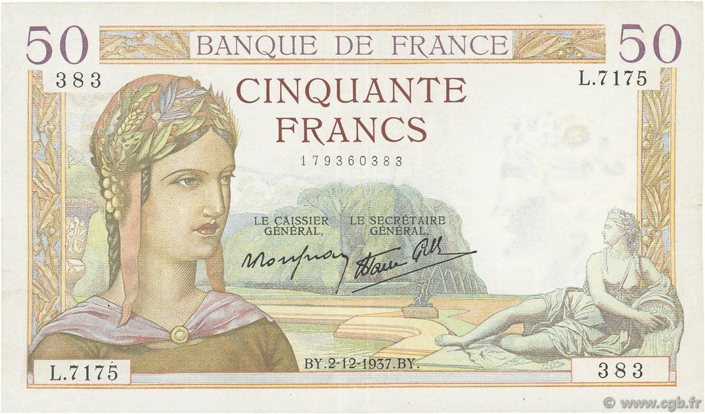 50 Francs CÉRÈS modifié FRANCE  1937 F.18.05 TTB