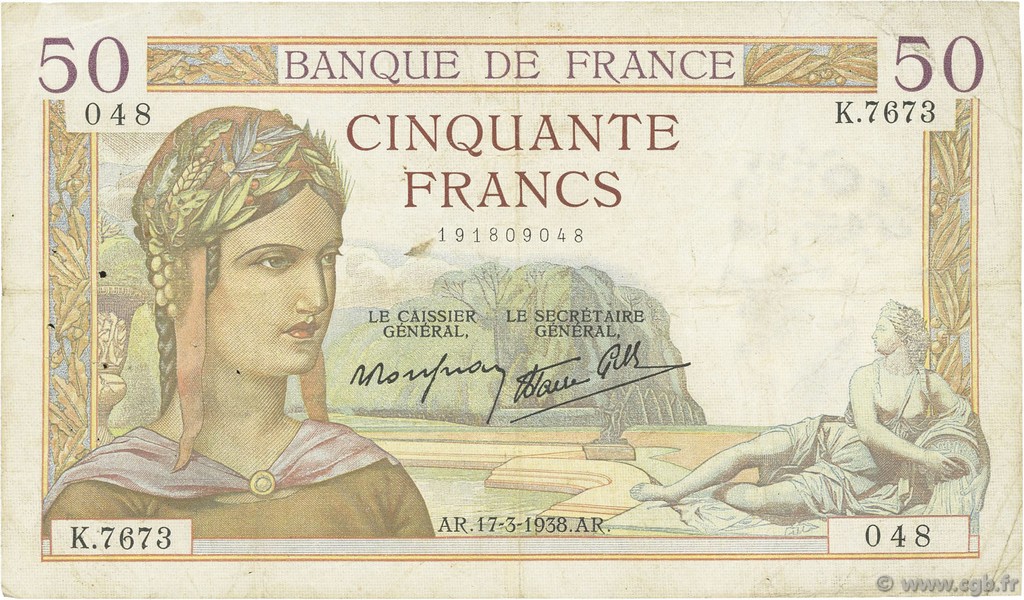 50 Francs CÉRÈS modifié FRANCE  1938 F.18.10 TB