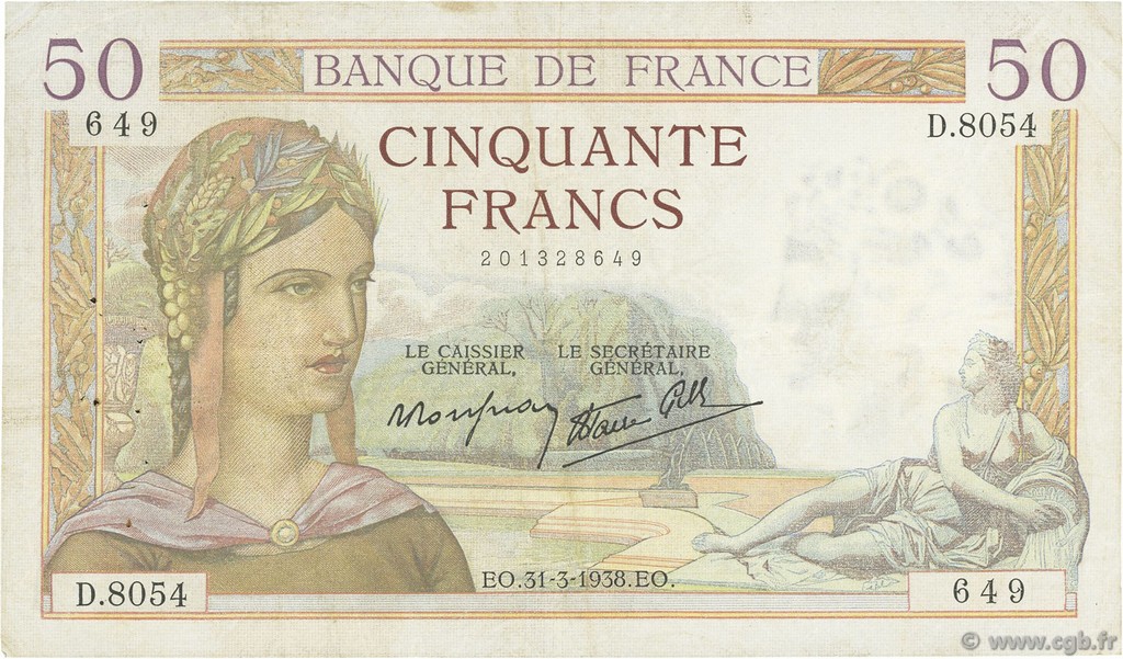 50 Francs CÉRÈS modifié FRANCE  1938 F.18.11 pr.TTB