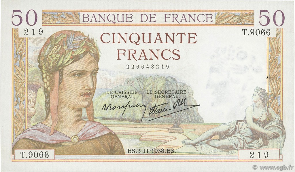 50 Francs CÉRÈS modifié FRANKREICH  1938 F.18.18 VZ