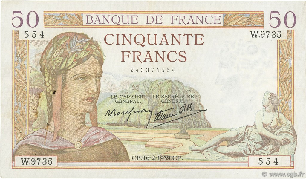 50 Francs CÉRÈS modifié FRANCE  1939 F.18.22 TTB