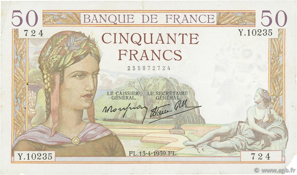 50 Francs CÉRÈS modifié FRANCE  1939 F.18.25 TTB
