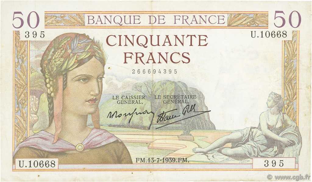50 Francs CÉRÈS modifié FRANKREICH  1939 F.18.28 SS