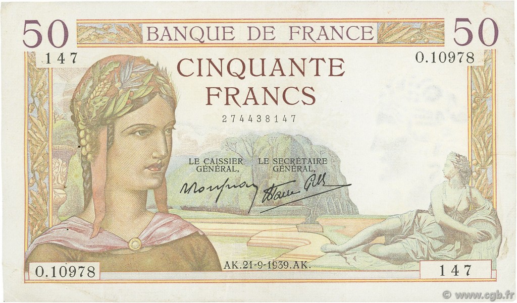 50 Francs CÉRÈS modifié FRANCE  1939 F.18.31 VF