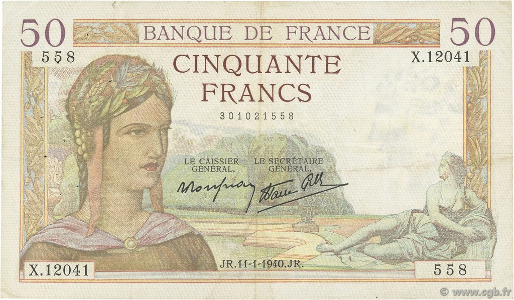 50 Francs CÉRÈS modifié FRANCE  1940 F.18.37 TTB