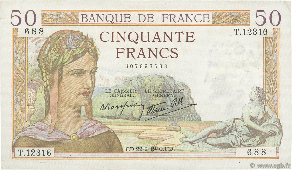 50 Francs CÉRÈS modifié FRANCE  1940 F.18.39 TTB