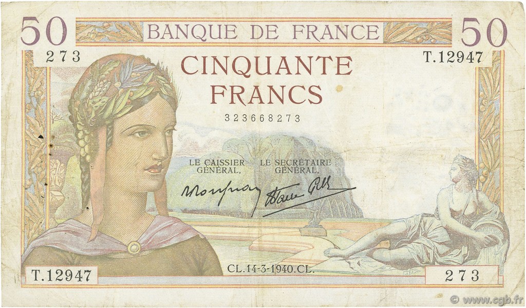 50 Francs CÉRÈS modifié FRANCE  1940 F.18.41 TB+