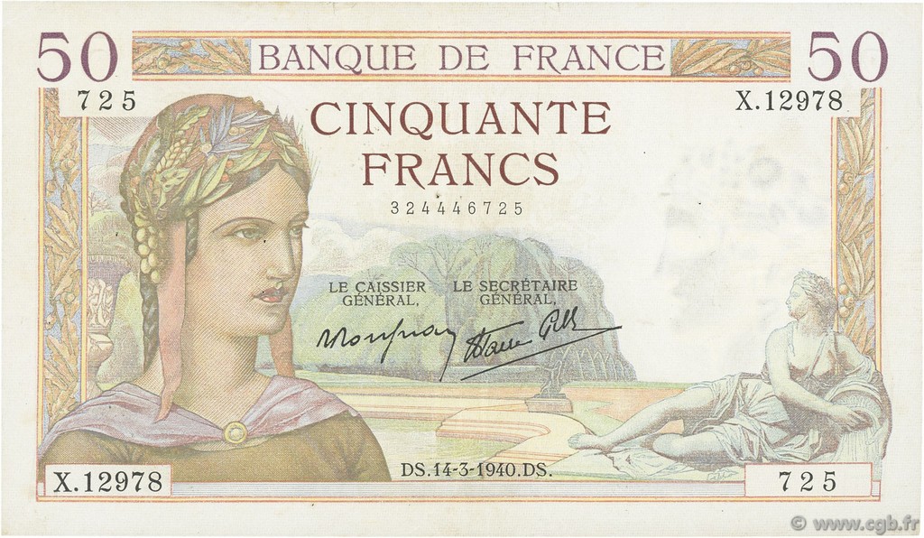 50 Francs CÉRÈS modifié FRANCE  1940 F.18.41 TTB