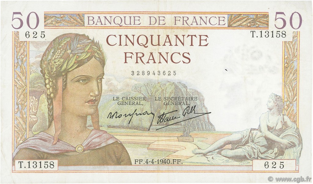 50 Francs CÉRÈS modifié FRANCE  1940 F.18.42 VF