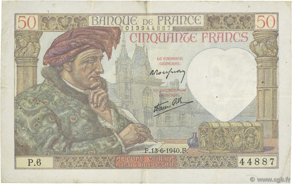 50 Francs JACQUES CŒUR FRANCE  1940 F.19.01 TTB