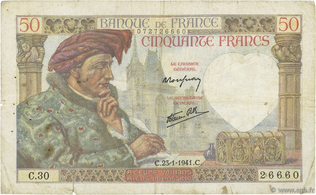 50 Francs JACQUES CŒUR FRANCE  1941 F.19.05 TB