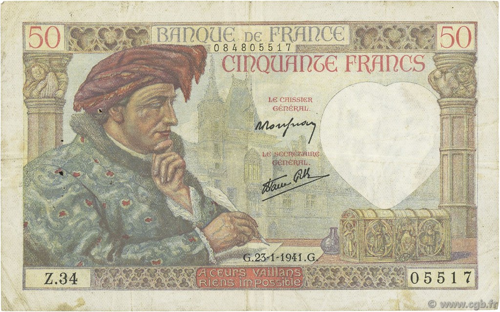 50 Francs JACQUES CŒUR FRANCE  1941 F.19.05 TB+