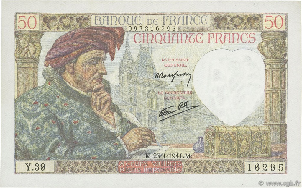 50 Francs JACQUES CŒUR FRANCE  1941 F.19.05 SUP+