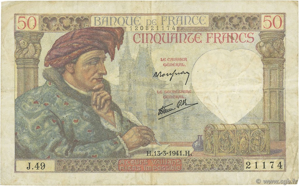 50 Francs JACQUES CŒUR FRANCE  1941 F.19.07 TB à TTB