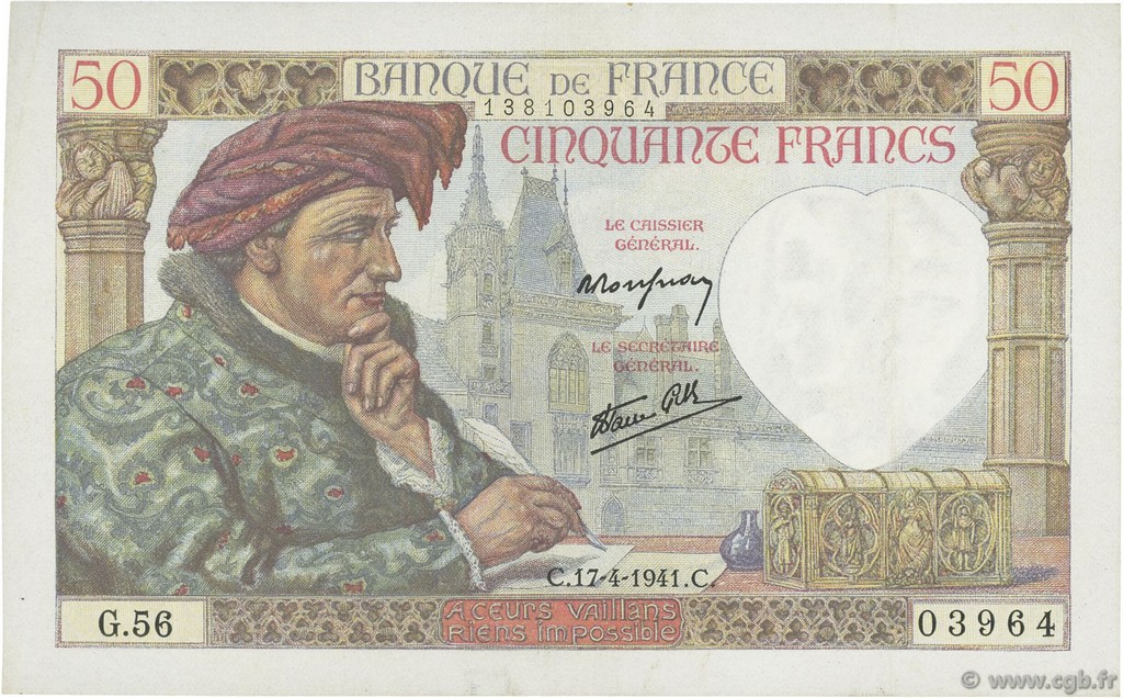 50 Francs JACQUES CŒUR FRANCE  1941 F.19.08 TTB+
