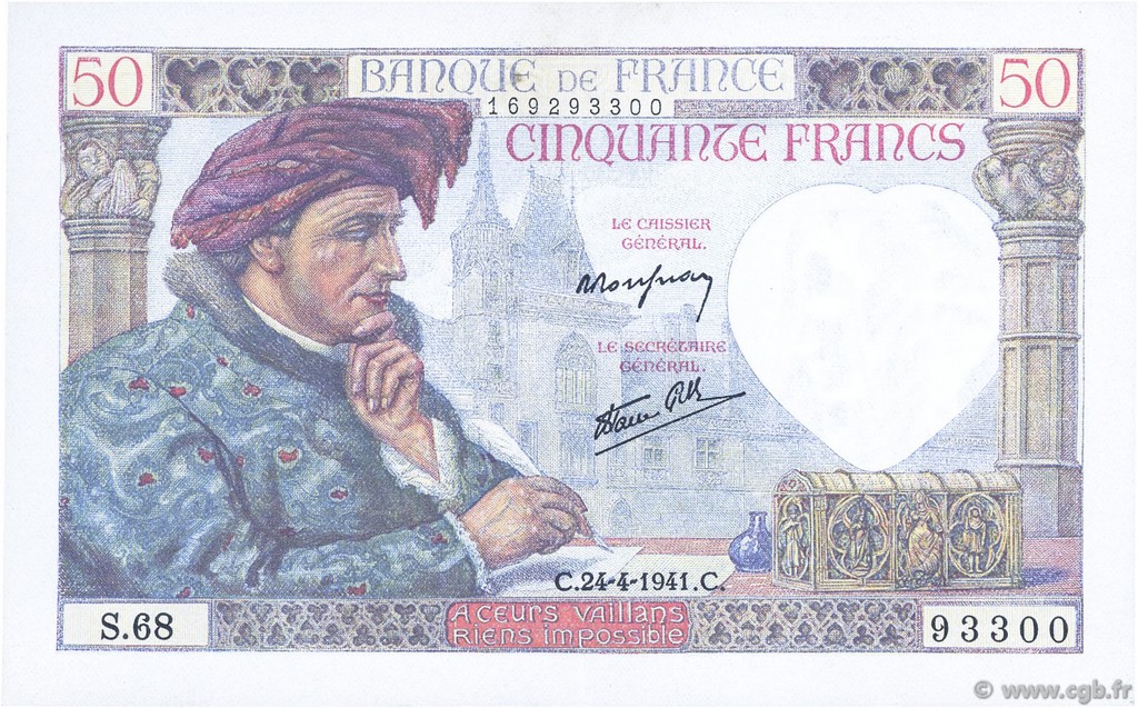 50 Francs JACQUES CŒUR FRANCE  1941 F.19.09 pr.SPL