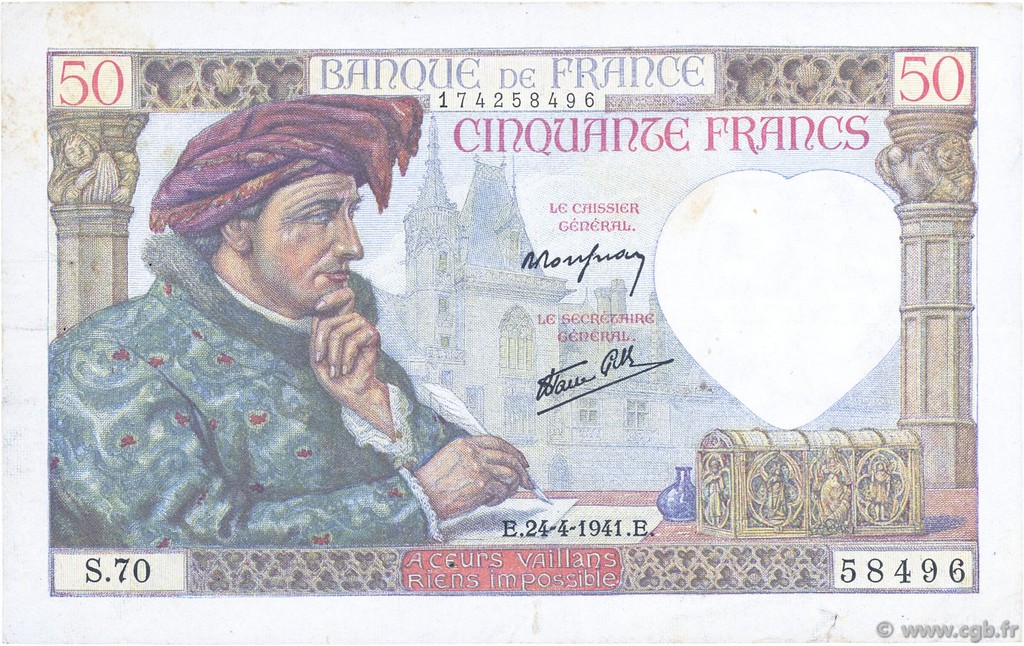 50 Francs JACQUES CŒUR FRANCE 1941 F.19.09 TTB