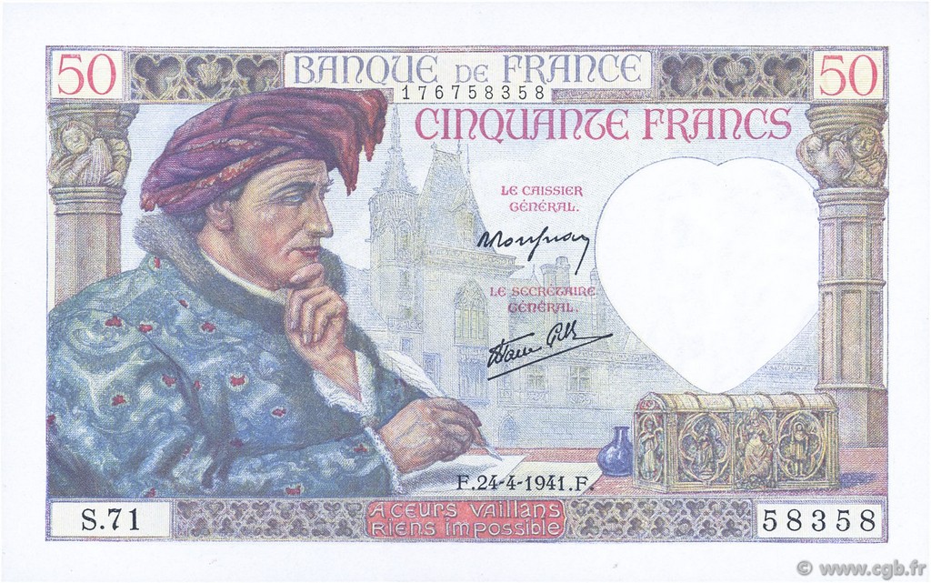 50 Francs JACQUES CŒUR FRANCE  1941 F.19.09 SUP