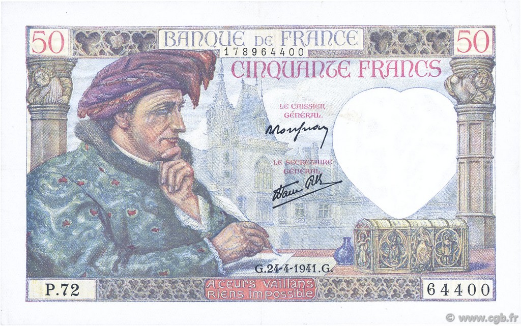 50 Francs JACQUES CŒUR FRANCE  1941 F.19.09 TTB+
