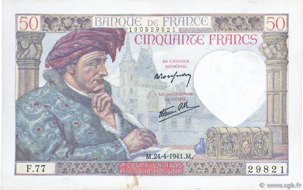 50 Francs JACQUES CŒUR FRANCE  1941 F.19.09 pr.SUP