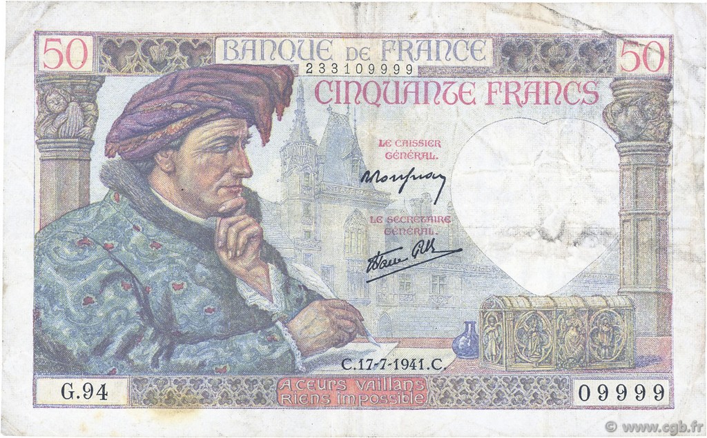 50 Francs JACQUES CŒUR FRANCE  1941 F.19.12 TB+