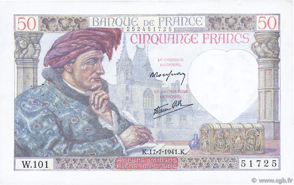 50 Francs JACQUES CŒUR FRANCE  1941 F.19.12 TTB