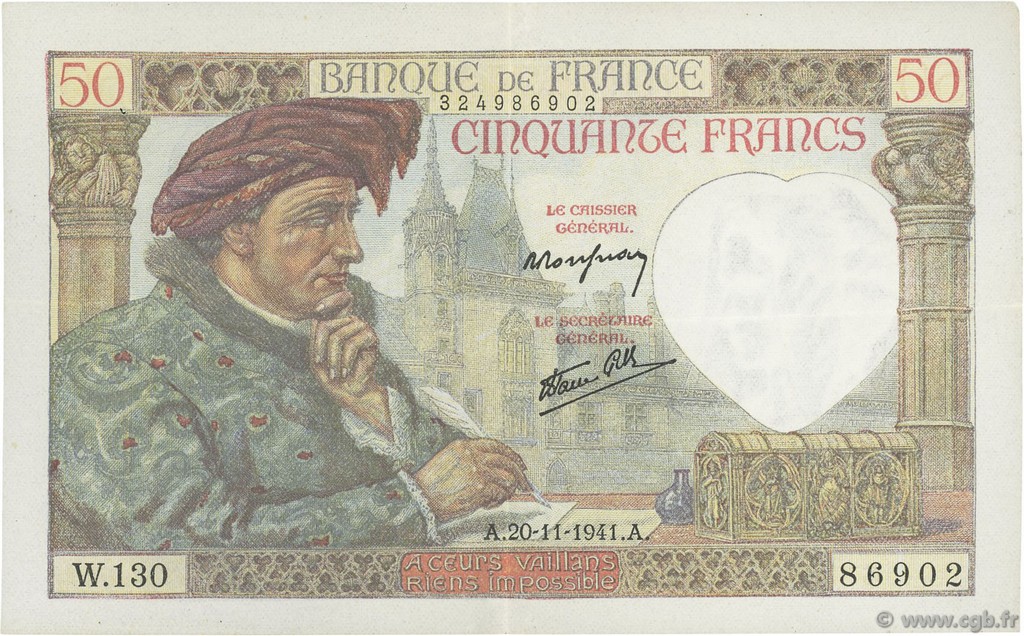 50 Francs JACQUES CŒUR FRANCE  1941 F.19.16 SUP