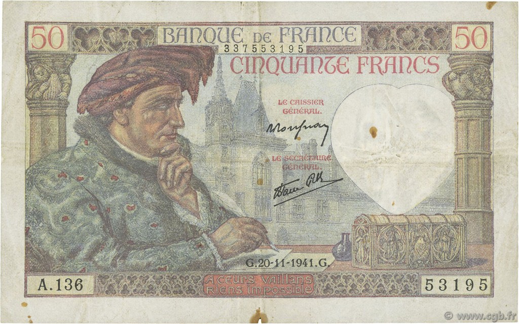 50 Francs JACQUES CŒUR FRANCE  1941 F.19.16 TB+