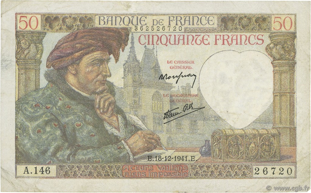 50 Francs JACQUES CŒUR FRANCE  1941 F.19.17 TB+